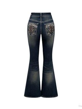 Stretchy Embroidered Flared Jeans High Rise Y2K Bell Bottom Denim